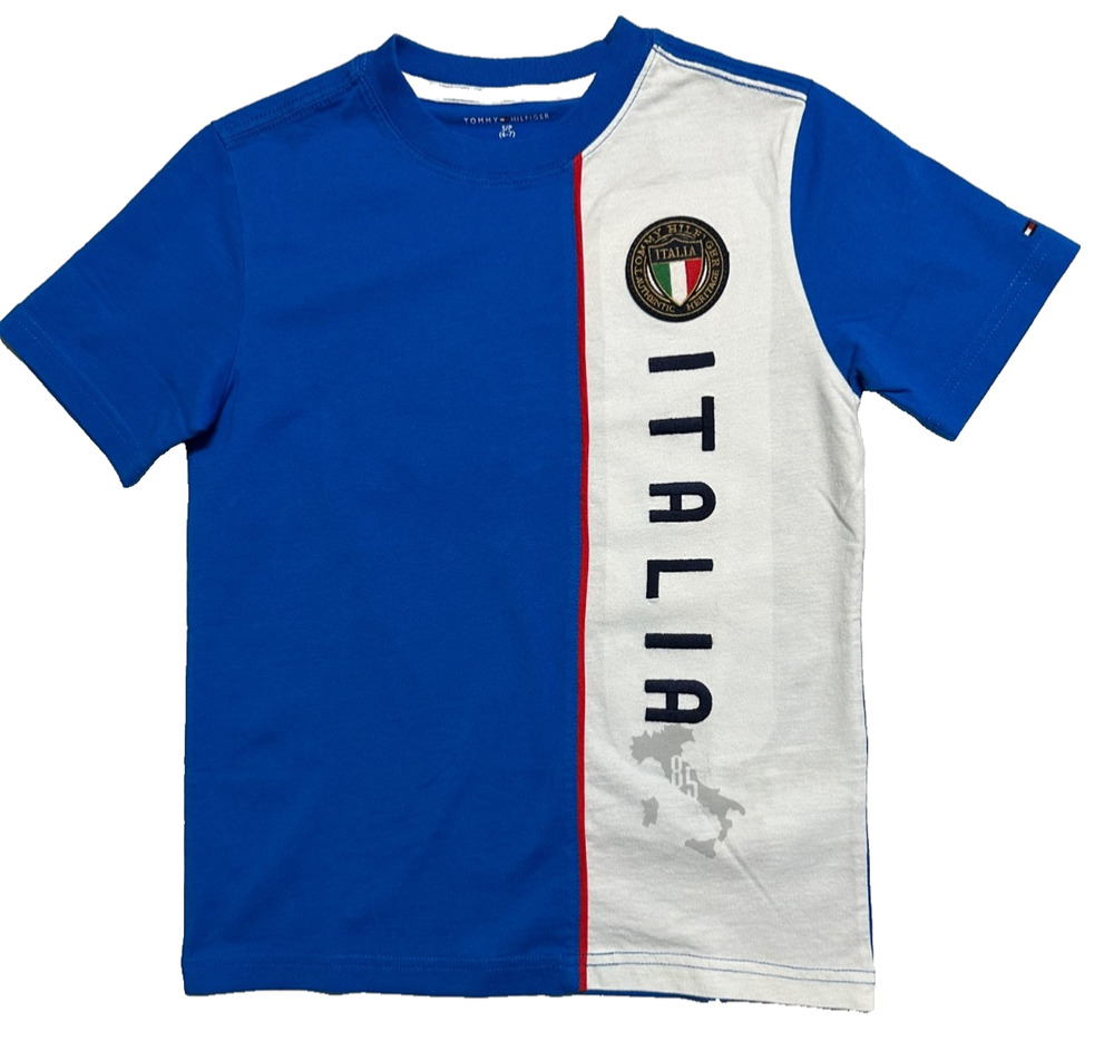 NWT Vintage Tommy Hilfiger Big Boys Blue Italy Logo Crew Neck Size Small 6 -7